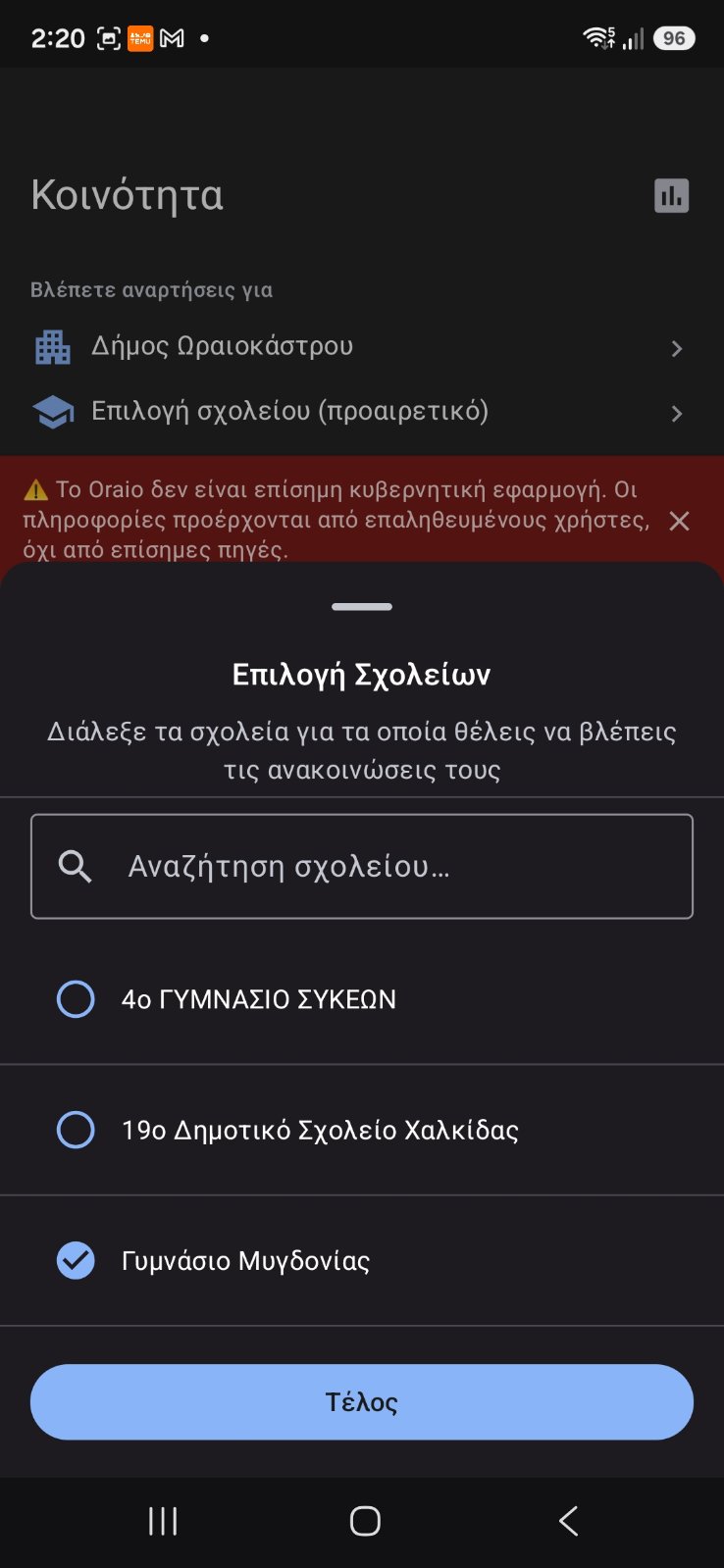 Το popup επιλογής, με τον Δήμο διαλεγμένο και το Γυμνάσιο Μυγδονίας τσεκαρισμένο